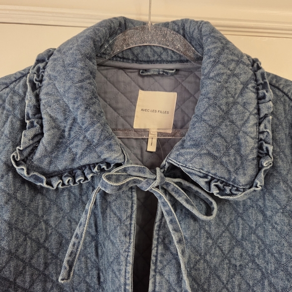 AVEC LES FILLES Anthropologie Maura Quilted Bow Tie Denim Jacket Extra Large - Picture 4 of 9